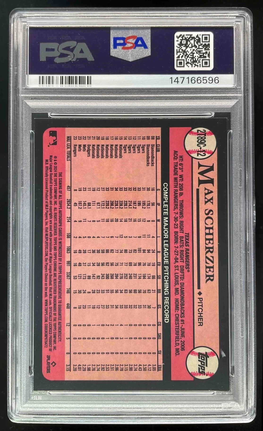 2024 Topps 1989 35th Anniversary Chrome Orange #12 Max Scherzer Auto /25 PSA 10 - Image 2
