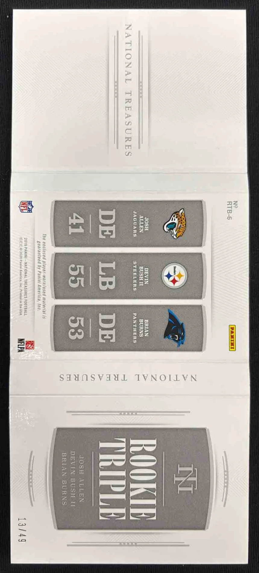 2021 National Treasures Triple Booklet Josh Allen Devin Bush Brian Burns RC /49 - Image 2