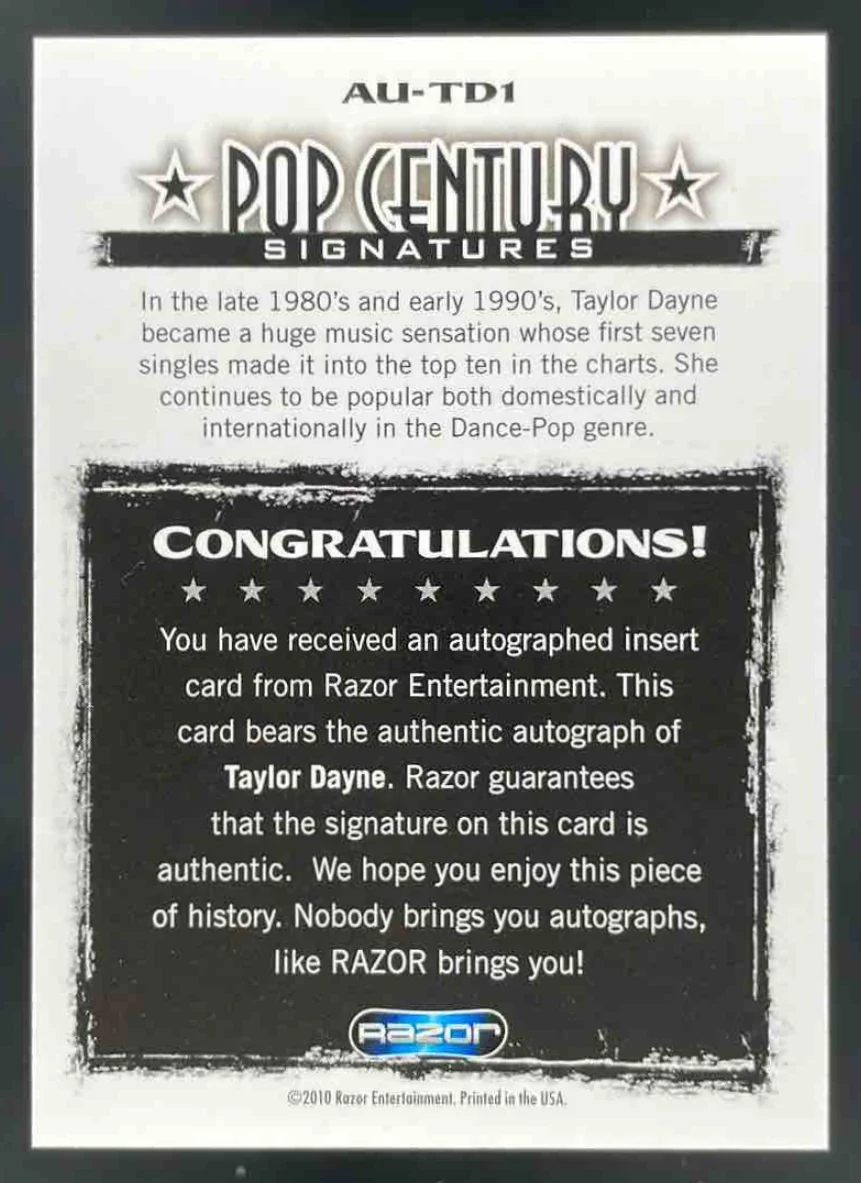 2010 Razor Pop Century 2010 Razor Pop Century #AU-TD1 Taylor Dayne Auto - Image 2