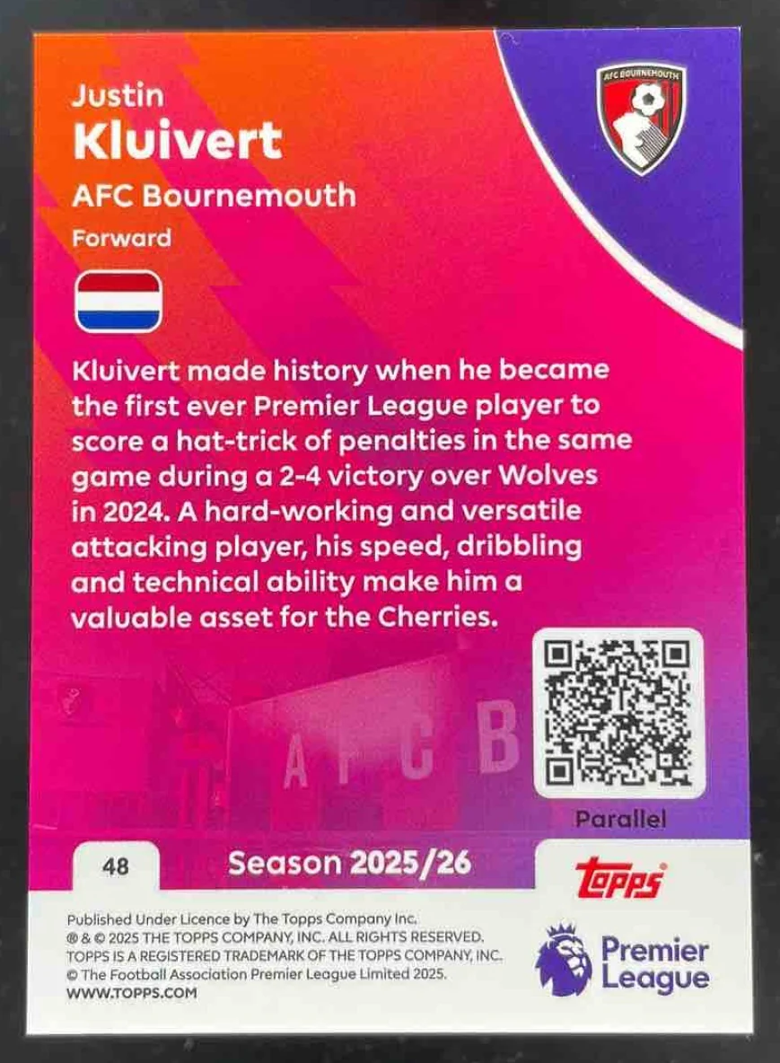 2025-26 Topps Premier League Red Rainbow Foil #48 Justin Kluivert /5 - Image 2