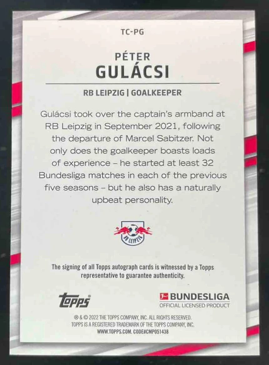 2022 Topps Bundesliga Captain Autograph #TC-PG Peter Gulacsi Auto - Image 2