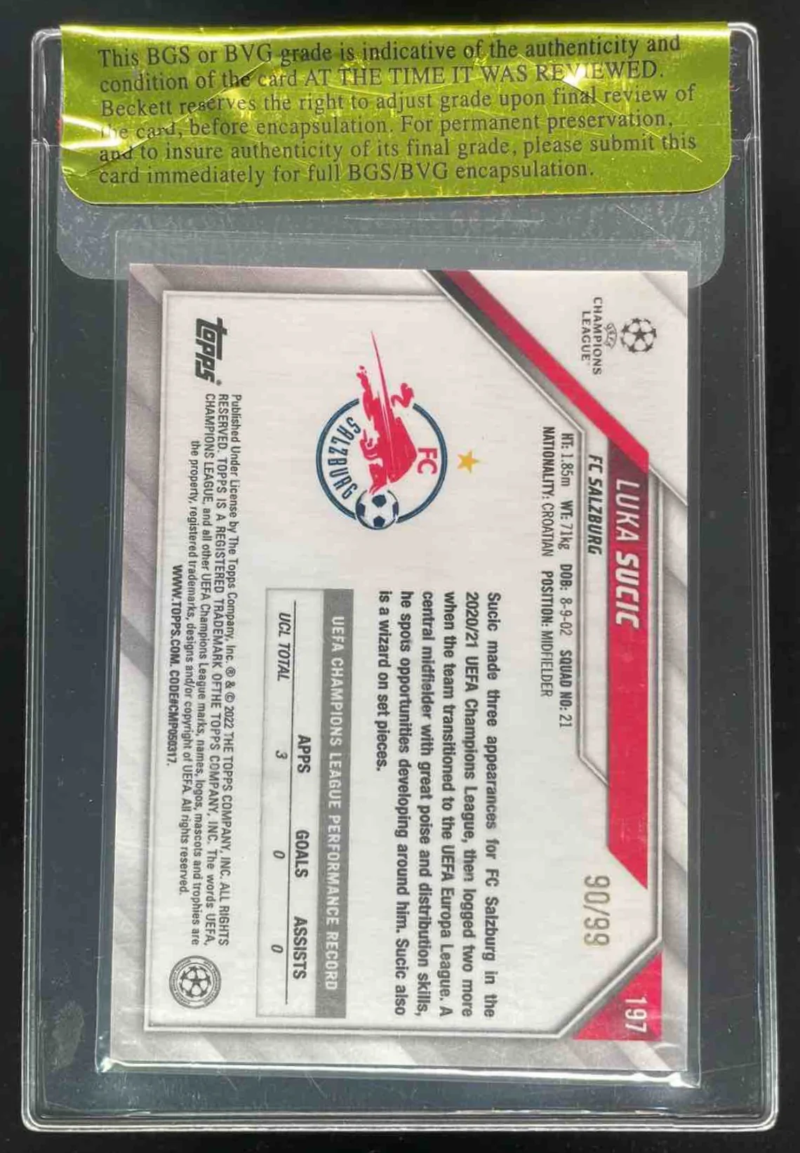 2021 Topps Chrome Sapphire Yellow #197 Luka Sucic /99 Beckett Review 9.5 - Image 2