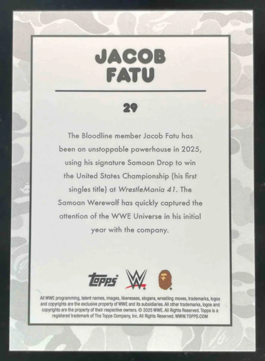 2025 Topps WWE x Bape Black And White Camo #29 Jacob Fatu /50 - Image 2