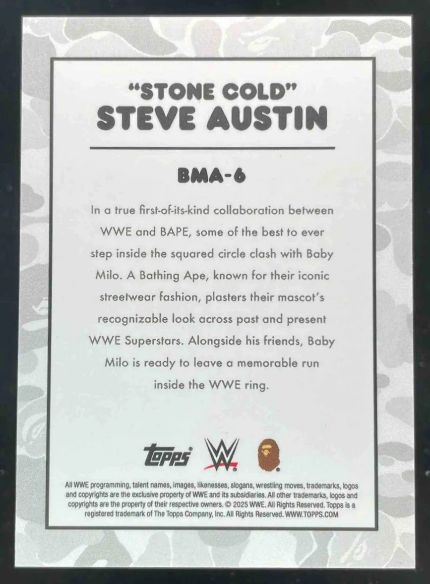 2025 Topps WWE x Bape Baby Milo Black Camo #6 "Stone Cold" Steve Austin - Image 2