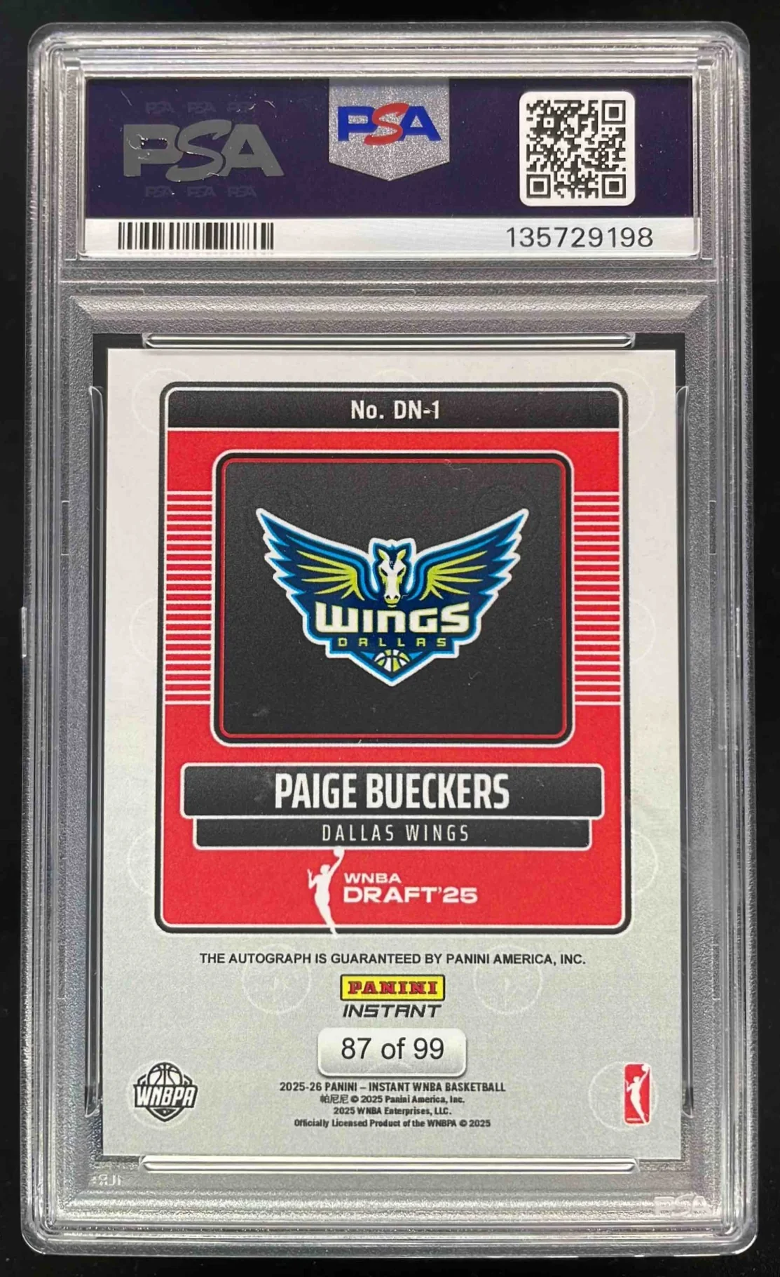2025 Panini Instant WNBA Draft Night Rookie Auto #DN1 Paige Bueckers RC PSA 9 - Image 2