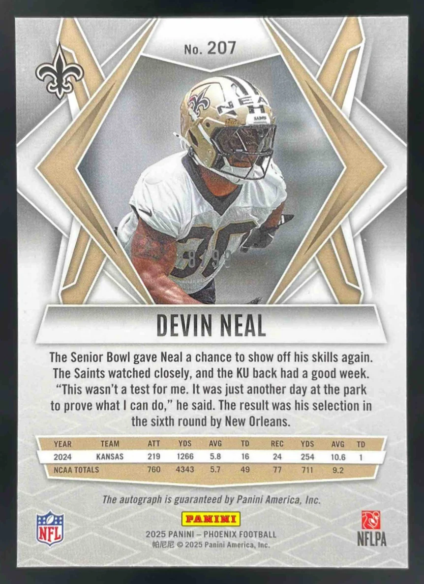 2025 Panini Phoenix Rookies Bronze Pandora Prizm #207 Devin Neal RC Auto /99 - Image 2