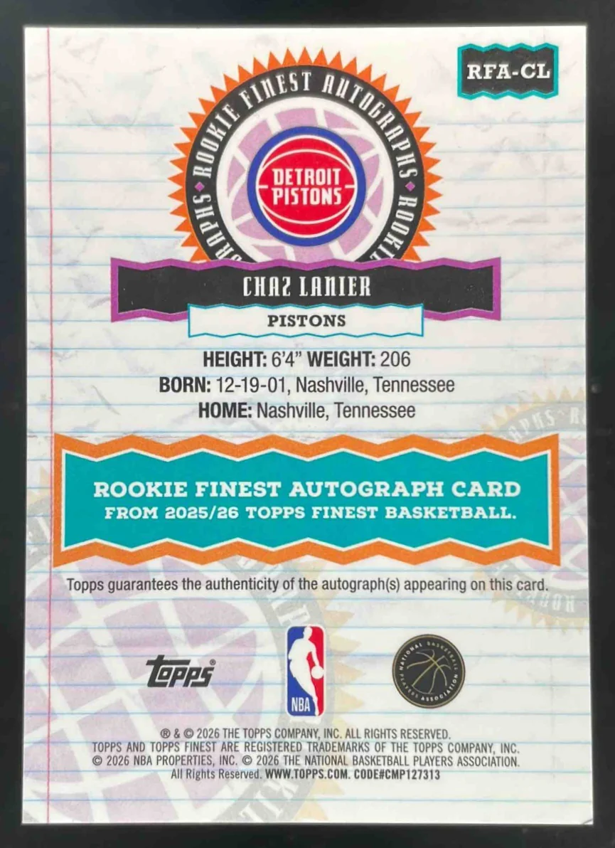 2025-26 Topps Finest Rookie Black Geometric #RFA-CL Chaz Lanier RC Auto /25 - Image 2