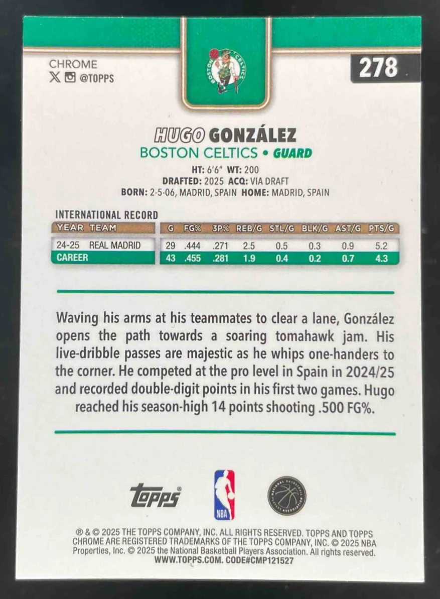 2025-26 Topps Chrome Yellow Basketball Refractor #278 Hugo Gonzalez RC /275 - Image 2