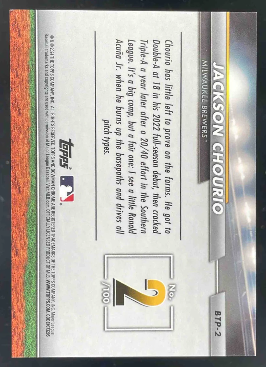 2024 Bowman Scouts' Top 100 Chrome Green Refractor #BTP-2 Jackson Chourio RC /99 - Image 2