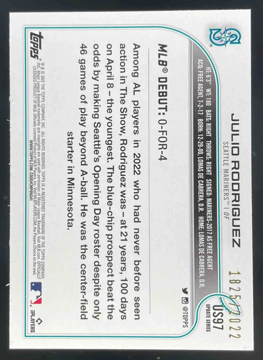 2022 Topps Update Gold #US97 Julio Rodriguez RC /2022 - Image 2