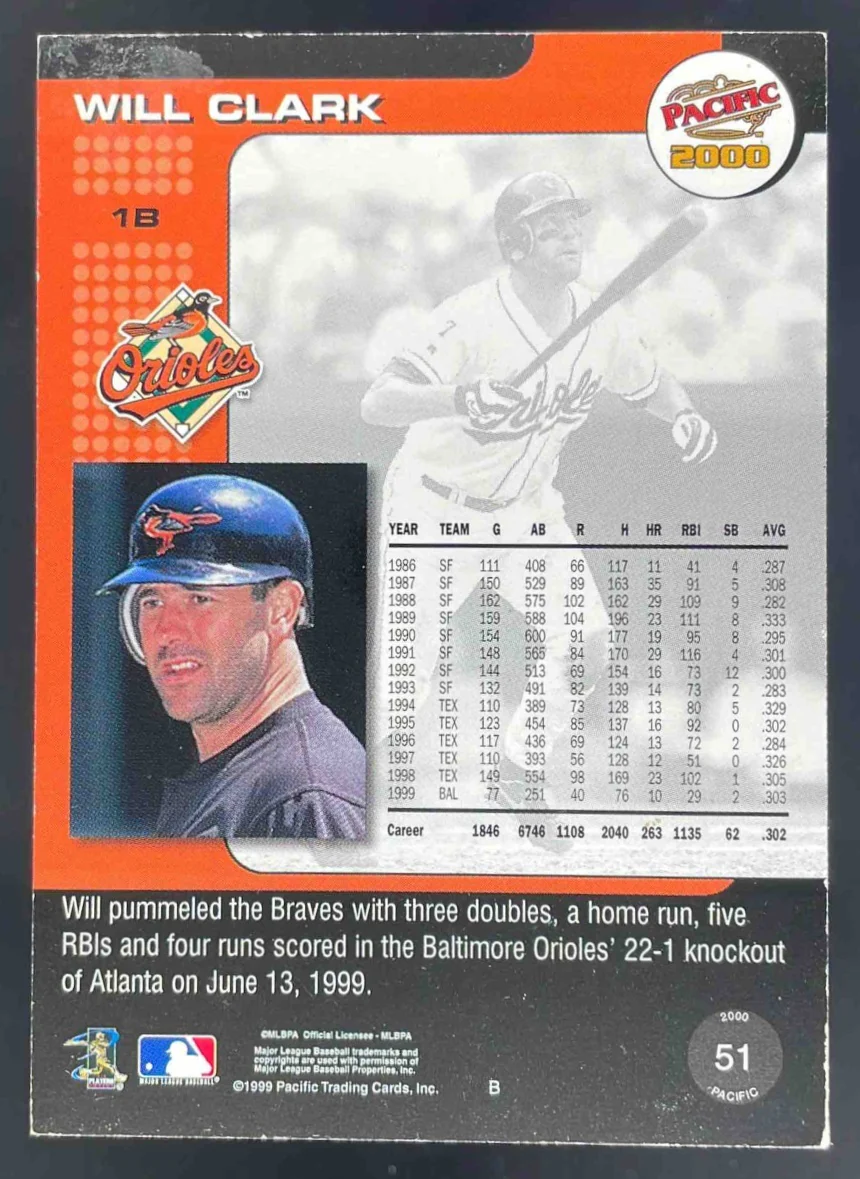 2000 Pacific Gold #51 Will Clark /199 - Image 2