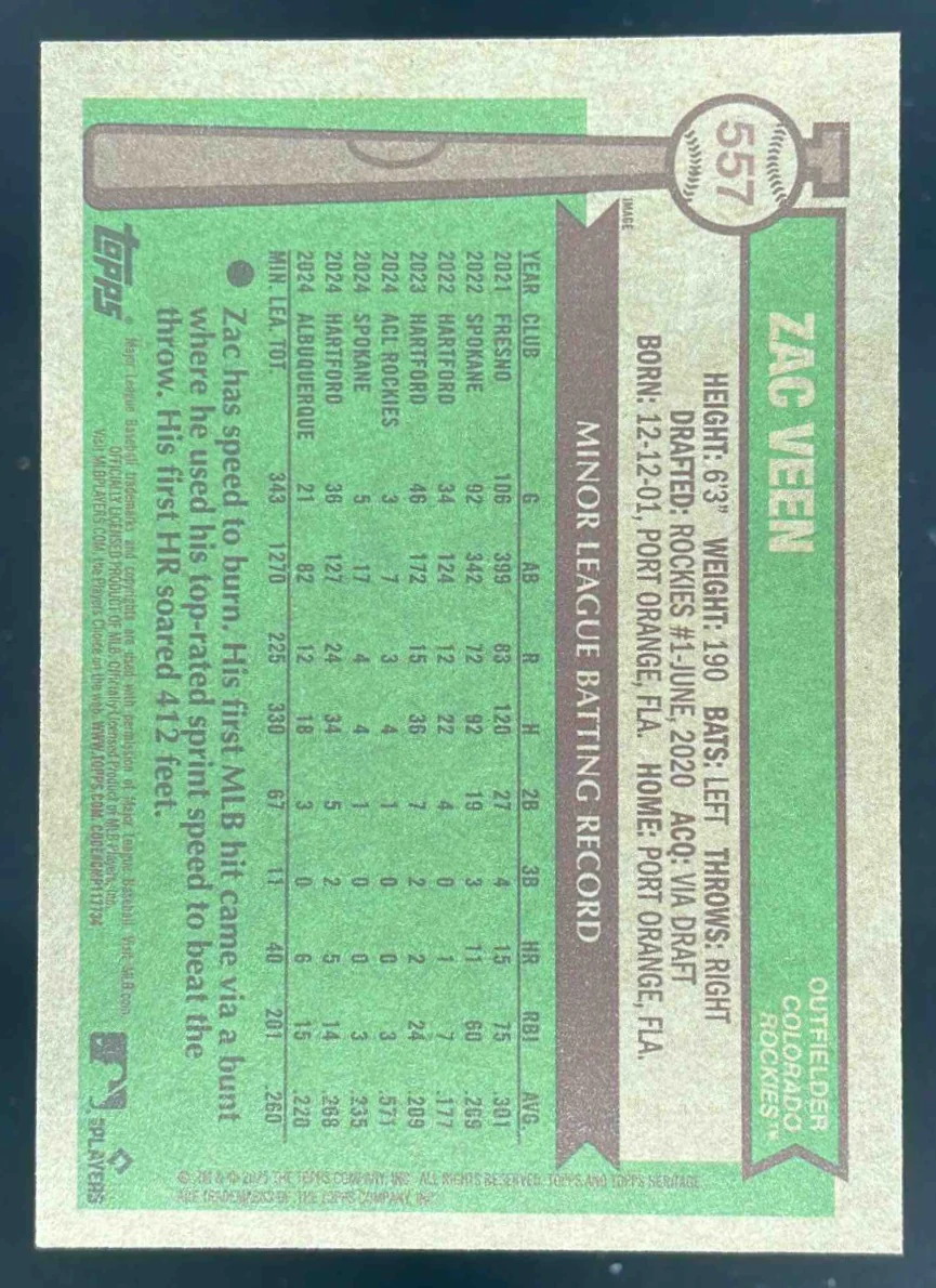 2025 Topps Heritage High Number Image Variations #557 Zac Veen RC - Image 2
