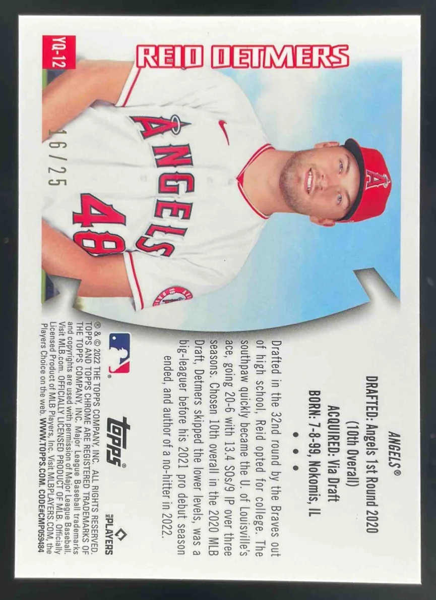 2022 Topps Chrome Sonic 1996 Youthquake Orange #YQ-12 Reid Detmers RC /25 - Image 2