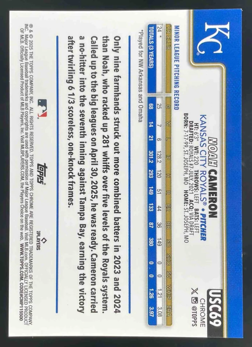 2025 Topps Chrome Update Sapphire Gold Refractor #USC69 Noah Cameron RC /50 - Image 2