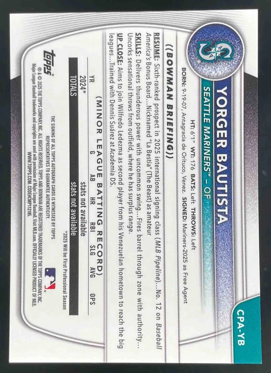 2025 Bowman Chrome Prospect Autograph #CPA-YB Yorger Bautista RC Auto - Image 2