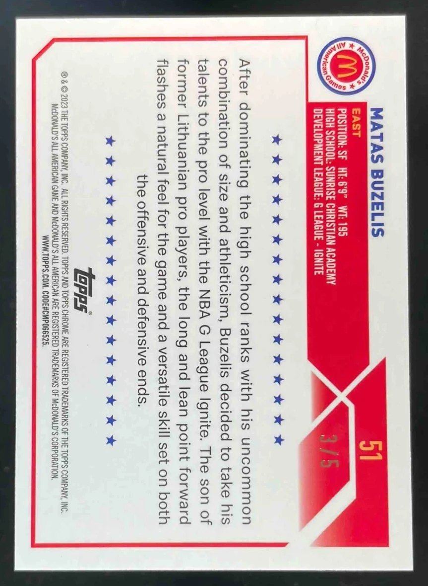 2023-24 Topps Chrome McDonald's All American Red Refractor #51 Matas Buzelis /5 - Image 2