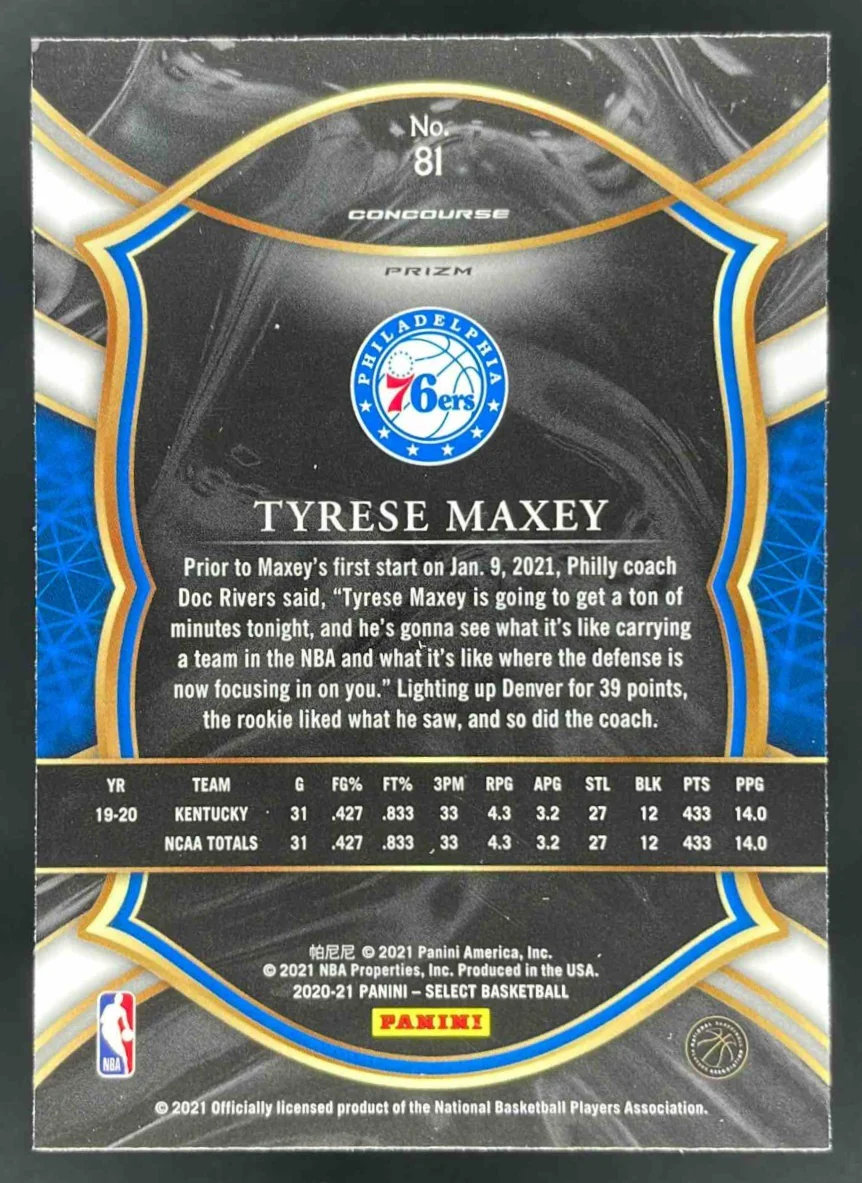2020-21 Panini Select Tri Color Prizms #81 Tyrese Maxey RC Concourse - Image 2