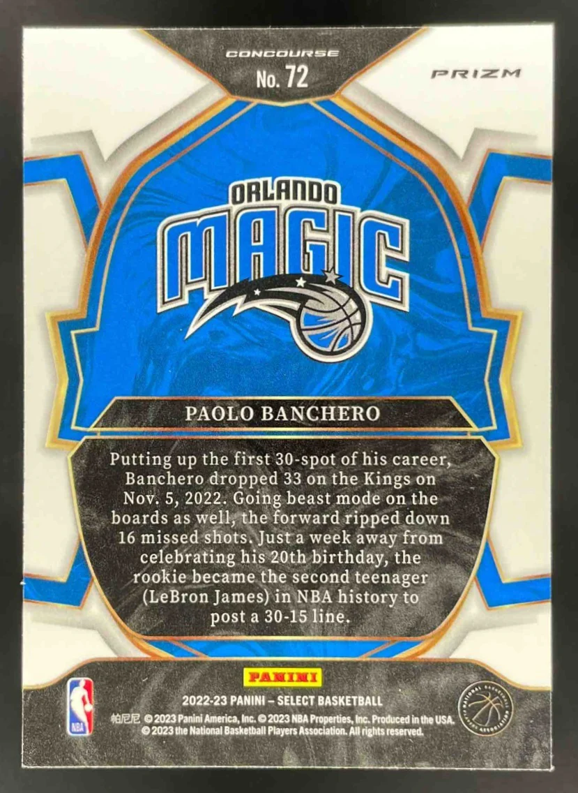 2022-23 Panini Select Tri Color Prizms #72 Paolo Banchero RC Concourse - Image 2