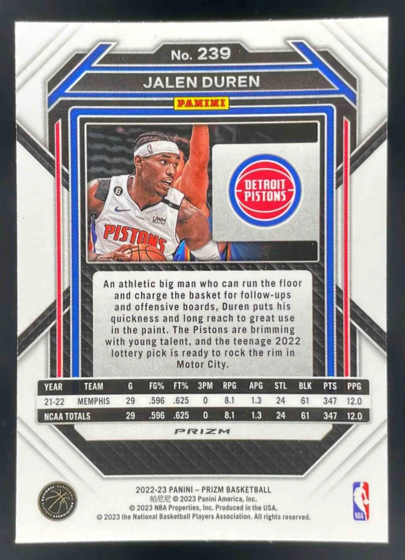 2022-23 Panini Prizm Prizms Red Ice #239 Jalen Duren RC - Image 2