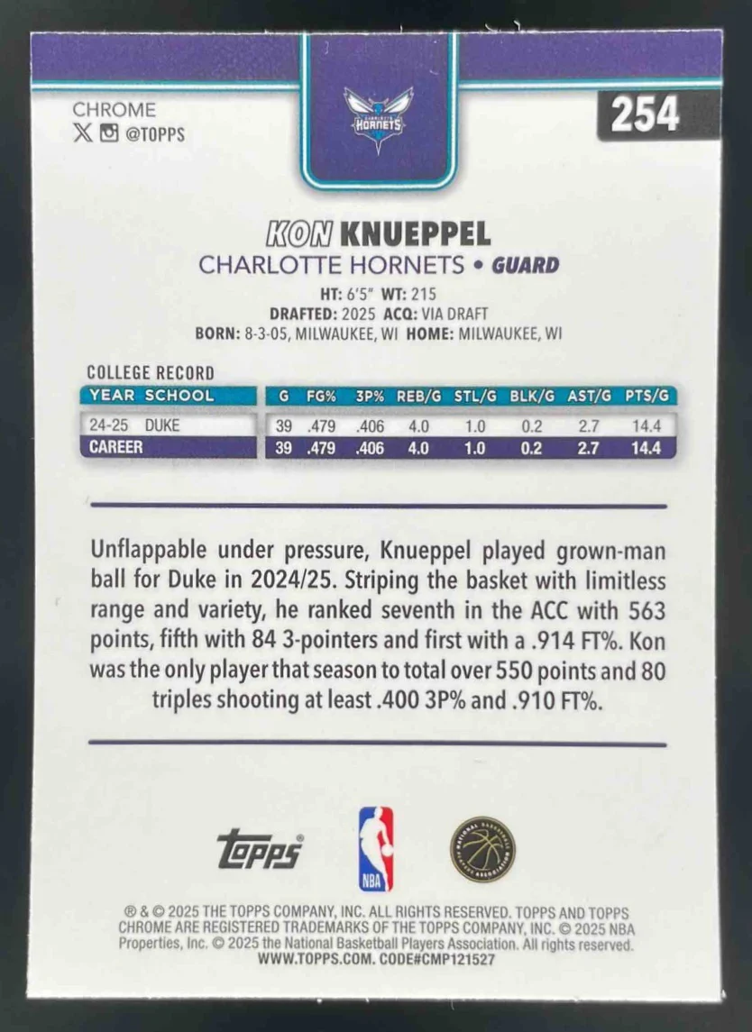 2025-26 Topps Chrome #254 Kon Knueppel RC - Image 2