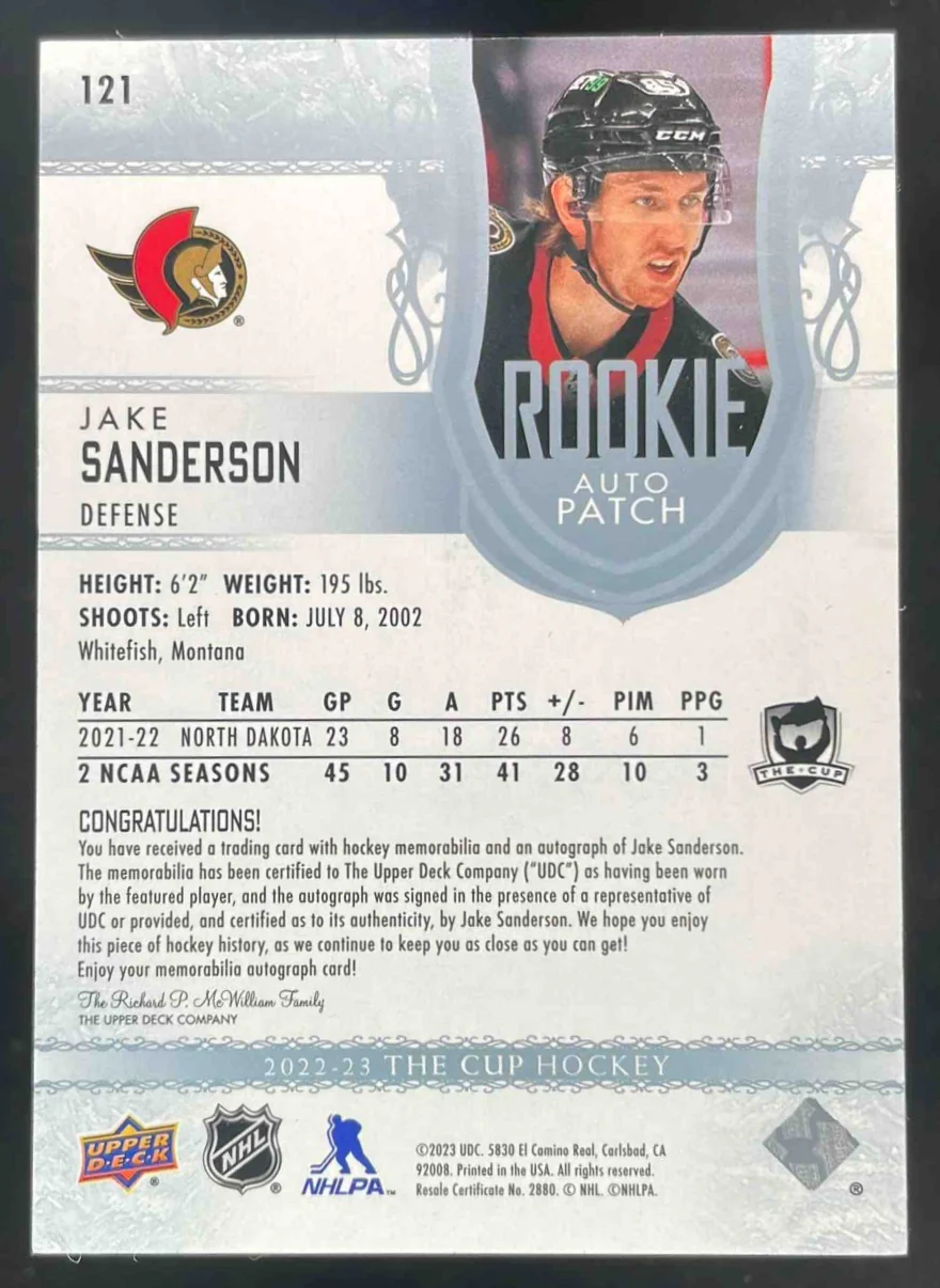 2022-23 Upper Deck The Cup #121 Jake Sanderson Rookie Patch Auto RC Auto /249 - Image 2