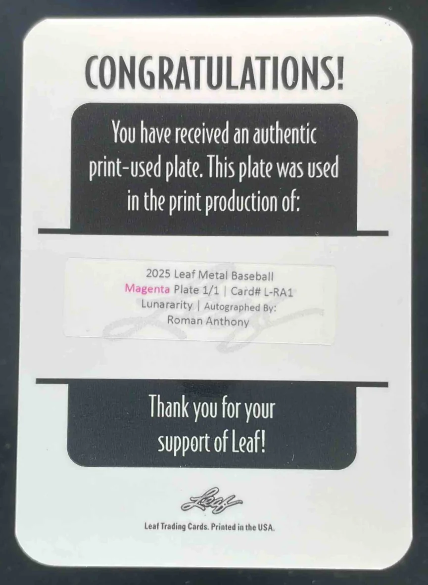 2025 Leaf Metal Lunararity Printing Plates Magenta #L-RA1 Roman Anthony Auto 1/1 - Image 2