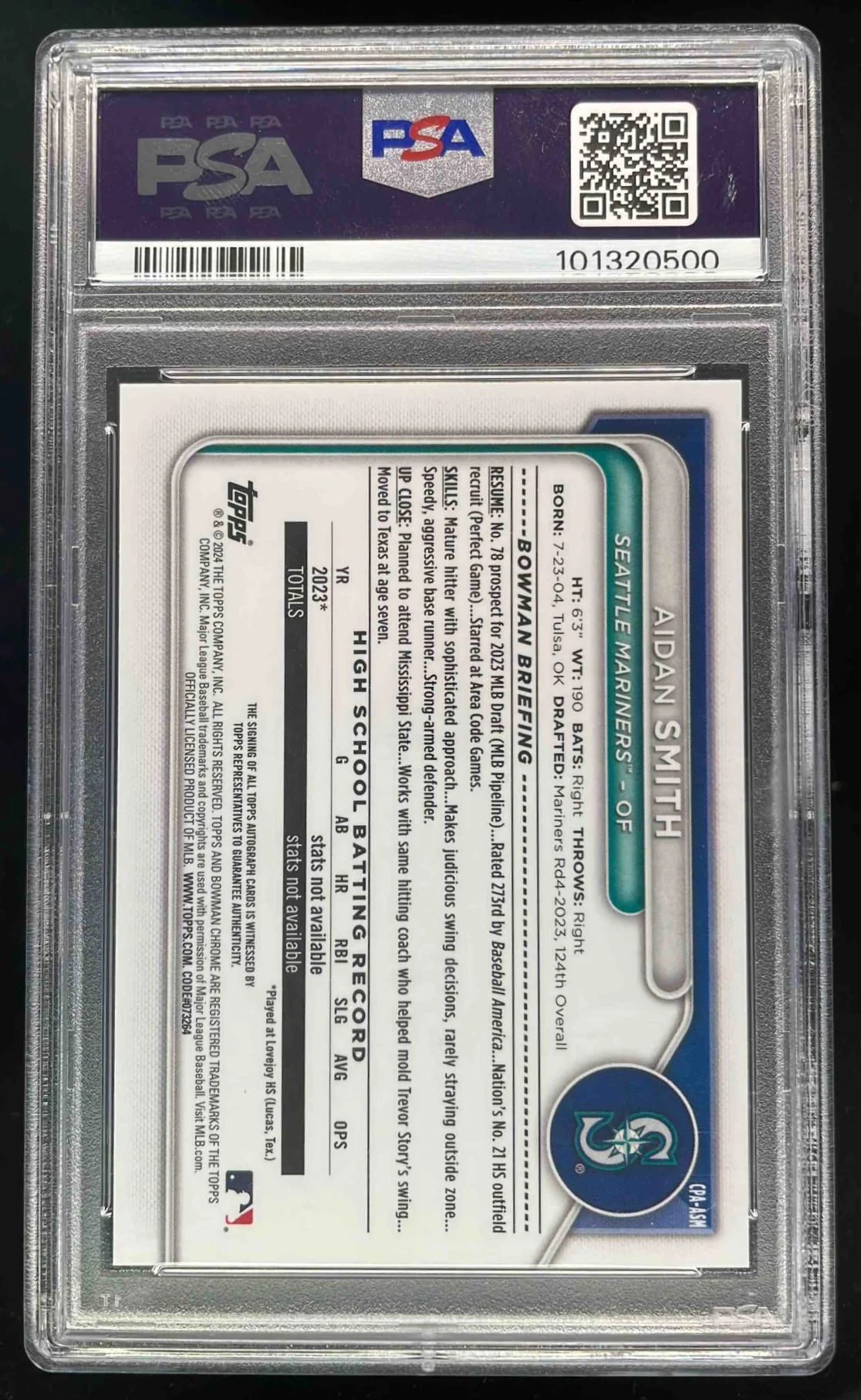 2024 Bowman Chrome Mini Diamond #CPA-ASM Aidan Smith RC Auto /100 PSA 10 - Image 2