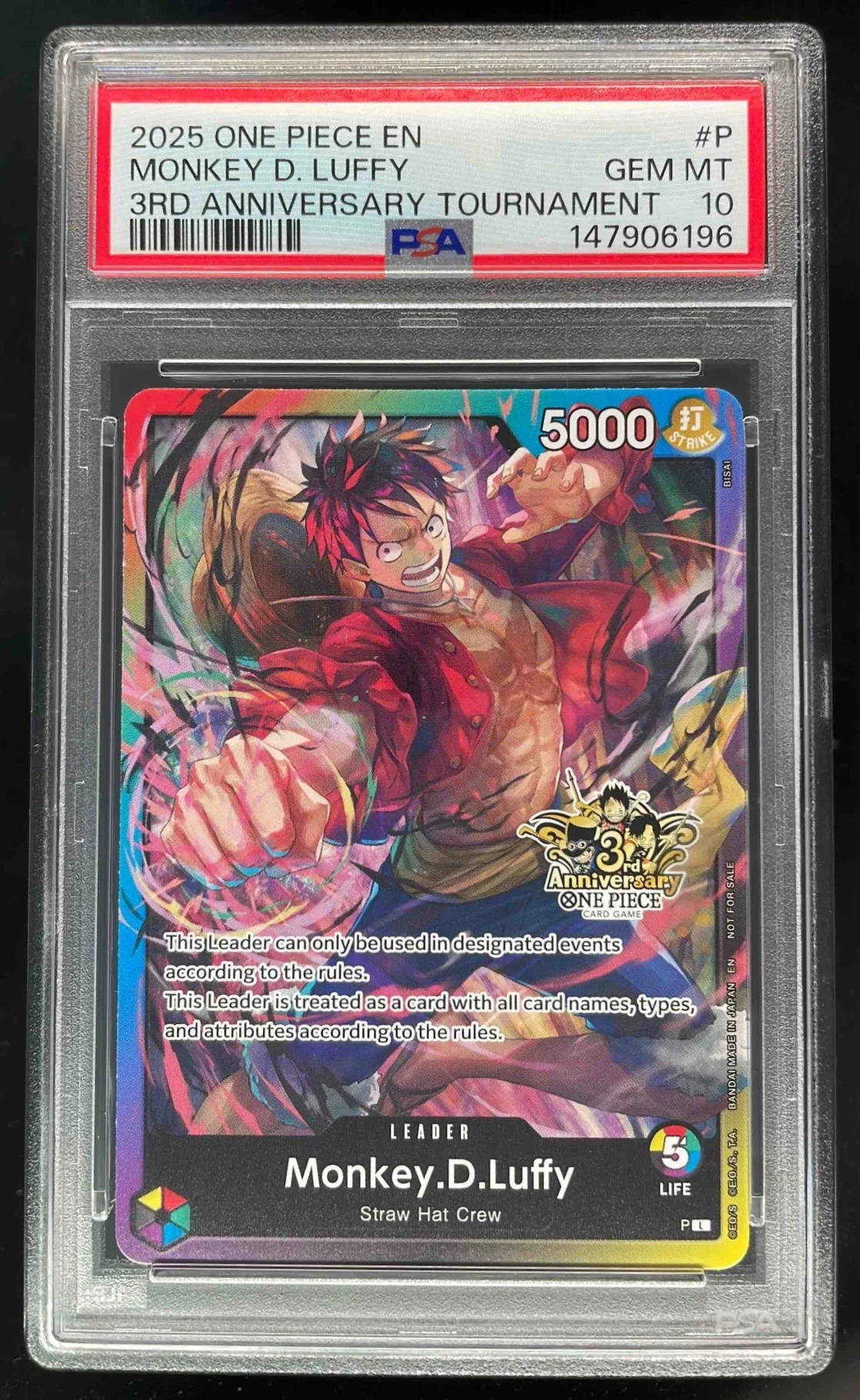 2025 One Piece EN 3rd Anniversary Tournament #P Monkey D Luffy PSA 10