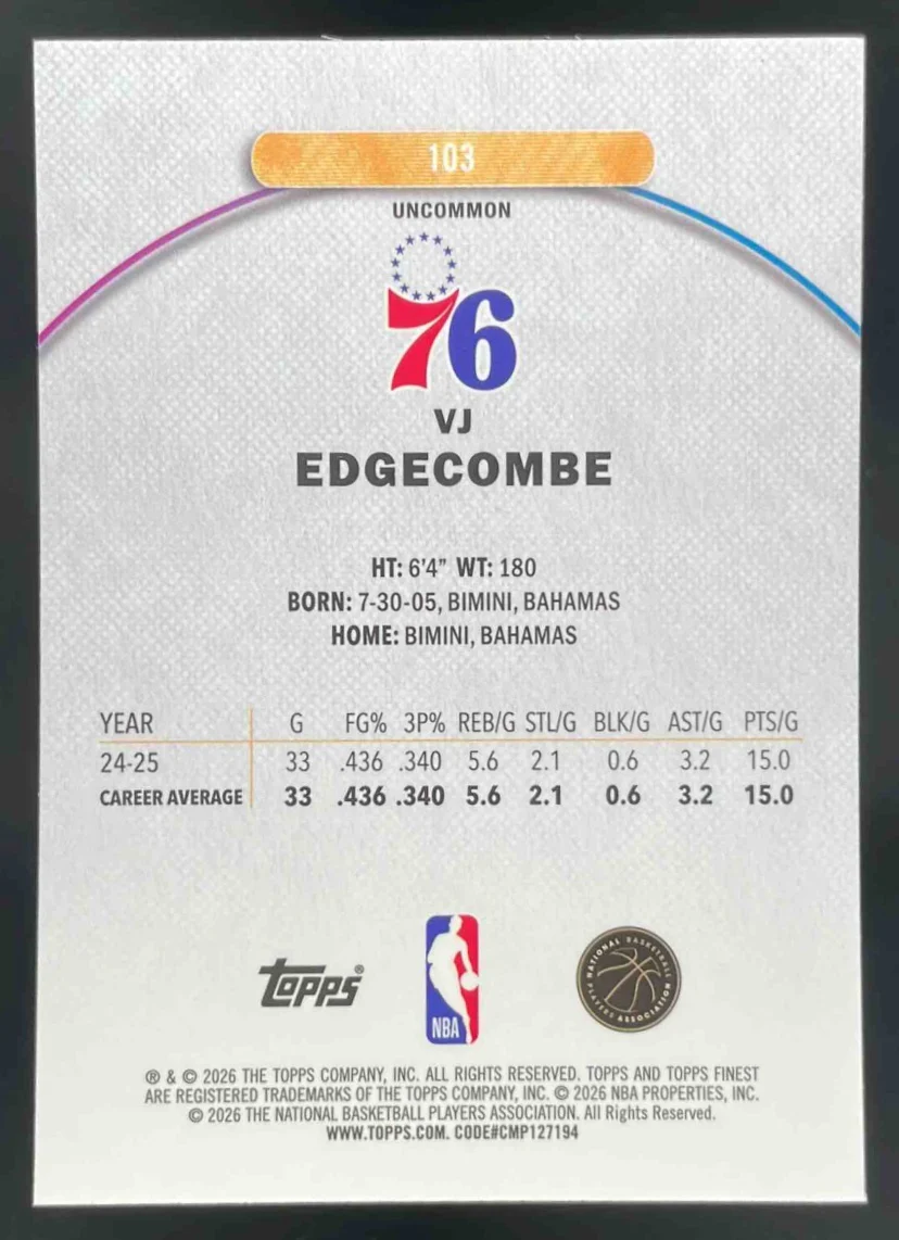 2025-26 Topps Finest Uncommon #103 VJ Edgecombe RC - Image 2