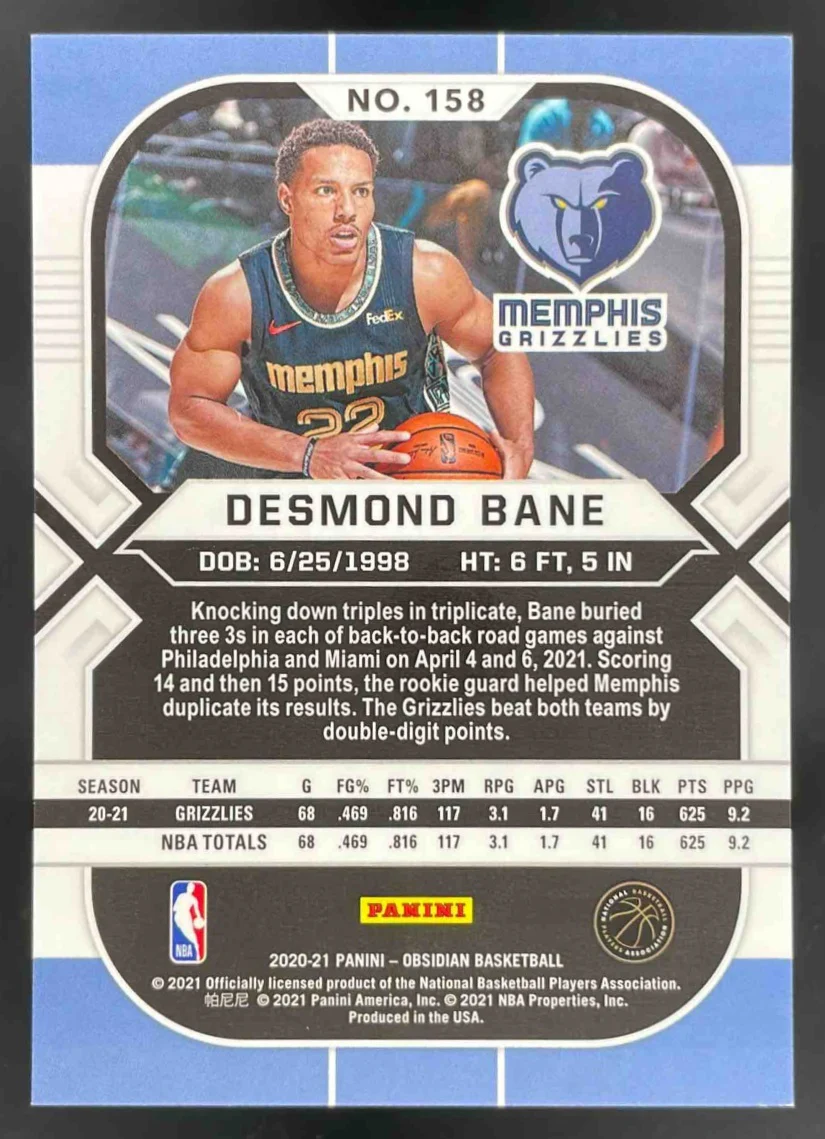 2020-21 Panini Obsidian Electric Etch Green Flood #158 Desmond Bane RC - Image 2