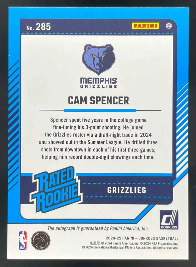 2024-25 Donruss Rated Rookies Holo Laser #285 Cam Spencer RC Auto /99 - Image 2