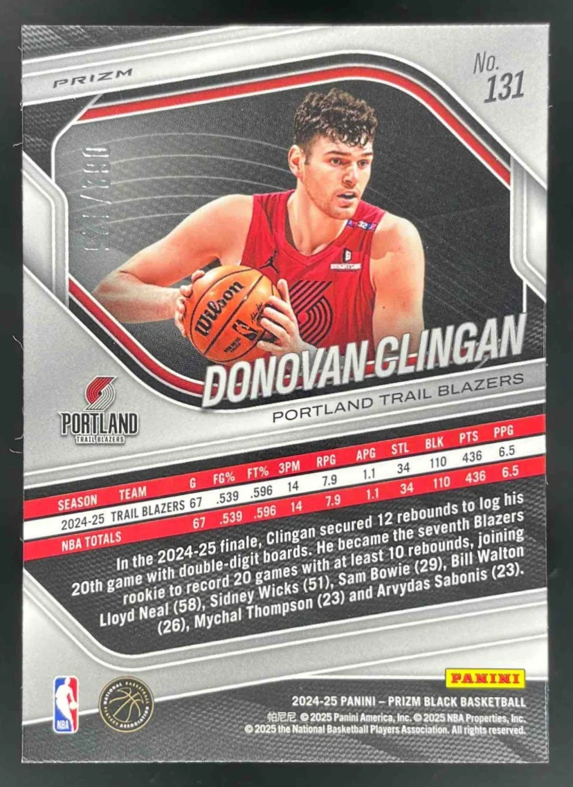 2024-25 Panini Prizm Black Blue Ice Prizms #131 Donovan Clingan RC /125 - Image 2