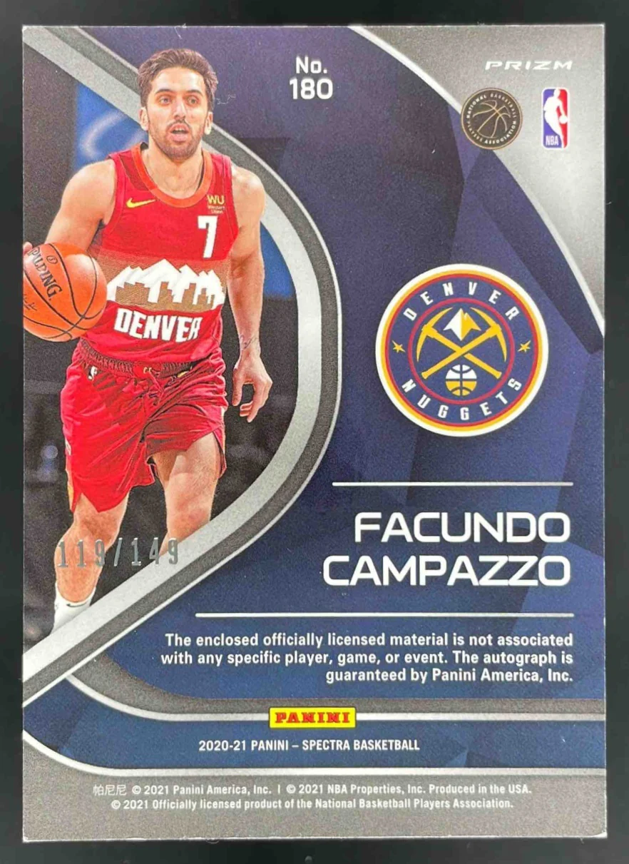2020 Panini Spectra #180 Facundo Campazzo Rookie Jersey Autograph RC Auto /149 - Image 2