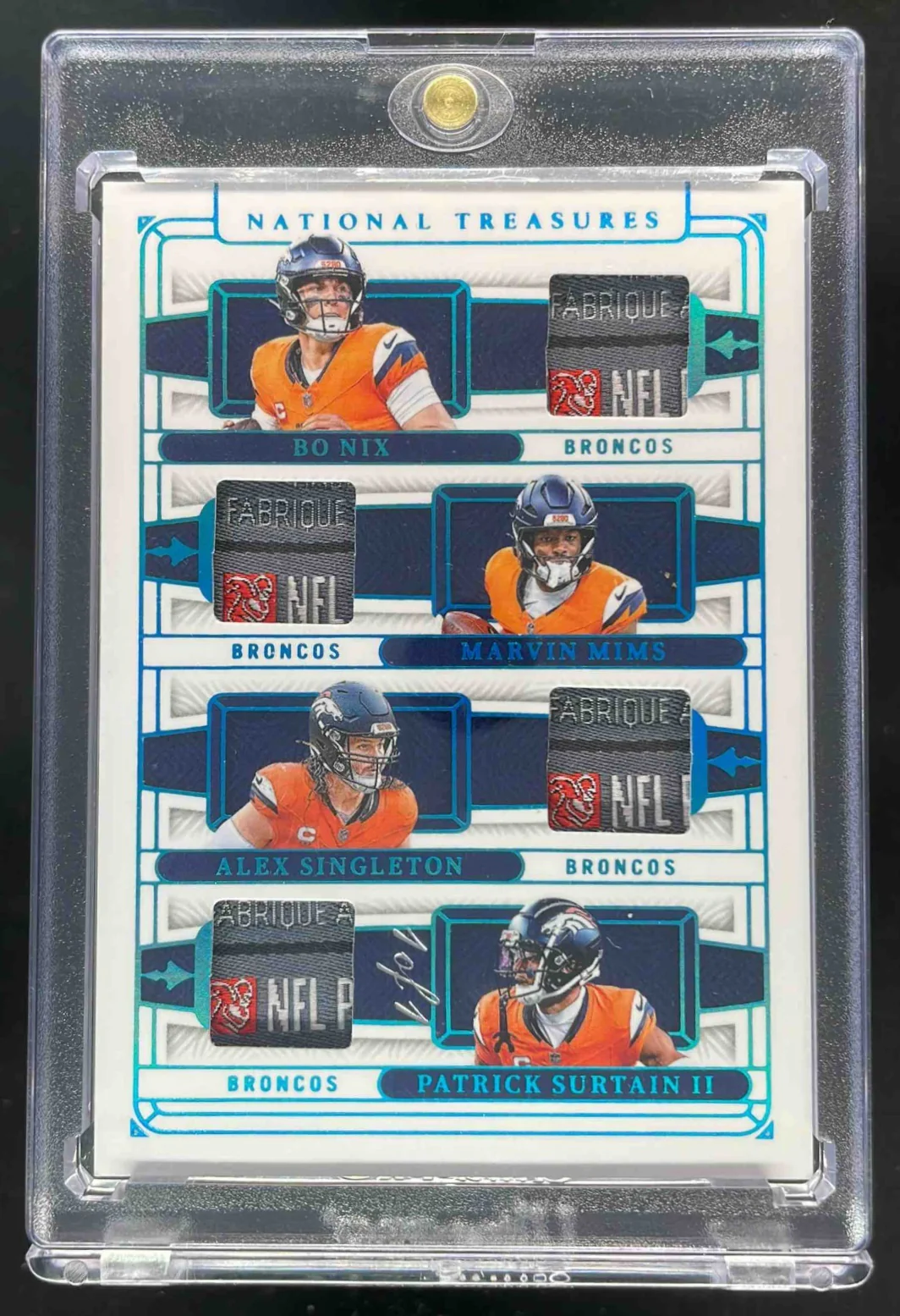 2025 National Treasures Quad Platinum Bo Nix Alex Singleton Mims Surtain II 1/1