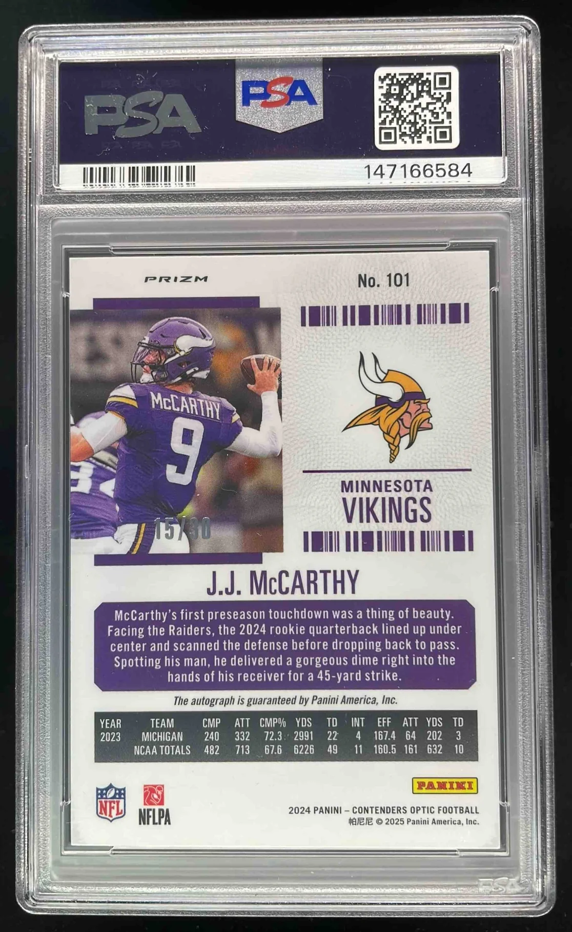 2024 Contenders Optic Rookie Green Pulsar #101 J.J. McCarthy RC Auto /30 PSA 9 - Image 2