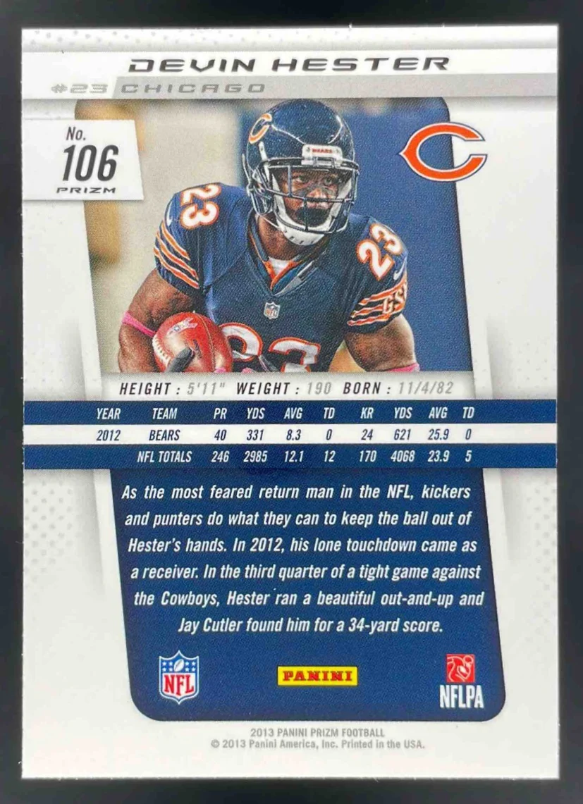 2013 Panini Prizm Prizms Light Blue Pulsar #106 Devin Hester - Image 2