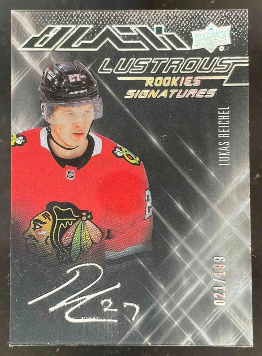 2022 SPx UD Black Lustrous Rookie Signatures #LS-LR Lukas Reichel RC Auto /199