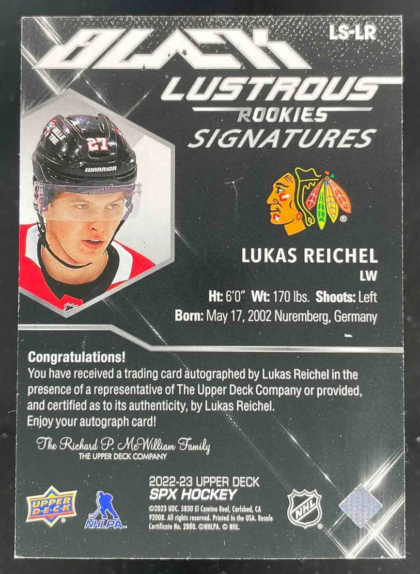 2022 SPx UD Black Lustrous Rookie Signatures #LS-LR Lukas Reichel RC Auto /199 - Image 2