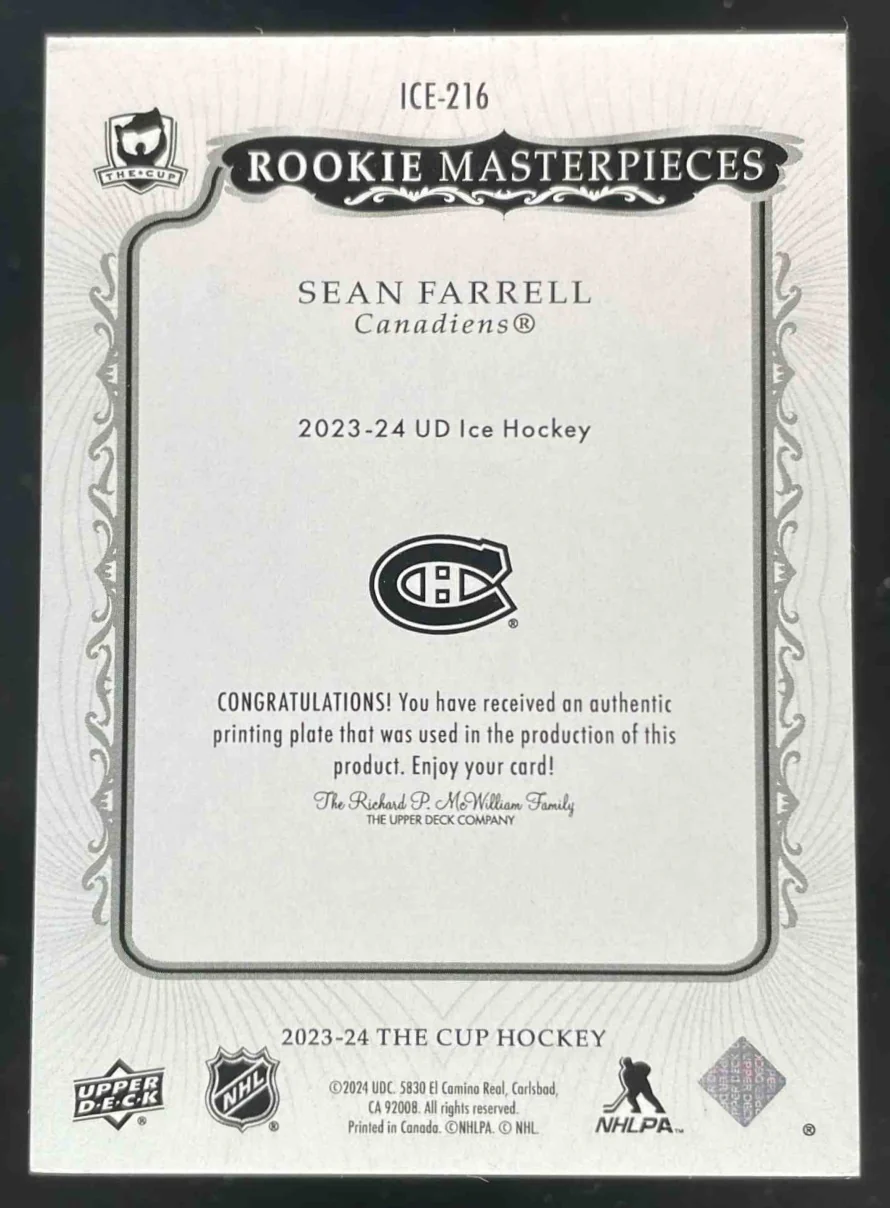 2023 The Cup Printing Plate Black #ICE-216 Sean Farrell RC Rookie 1/1 - Image 2