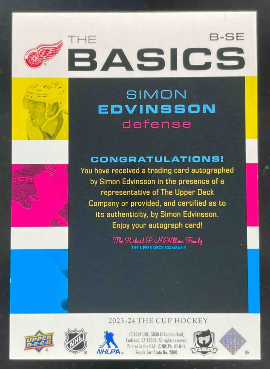 2023-24 Upper Deck The Cup The Basics Auto #B-SE Simon Edvinsson Autograph Auto - Image 2