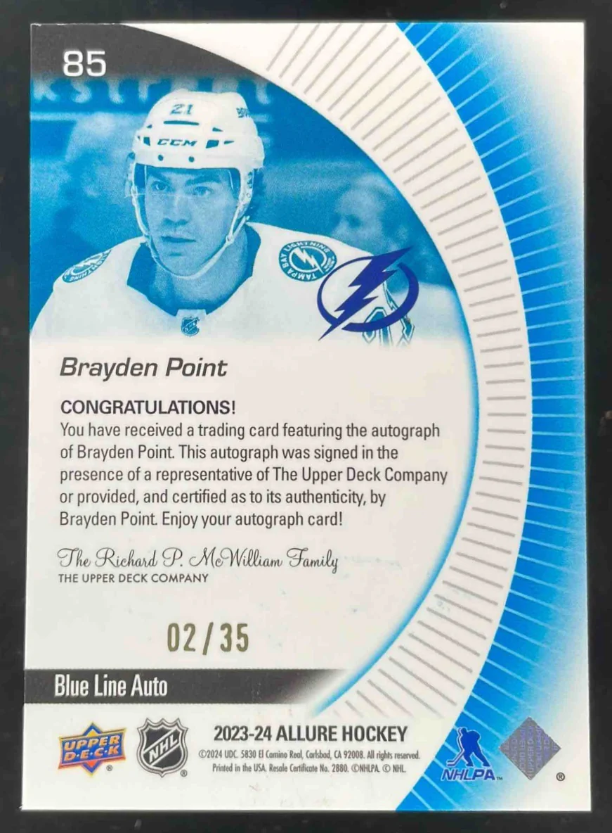 2023-24 Upper Deck Allure Blue Line Auto #85 Brayden Point Auto /35 - Image 2