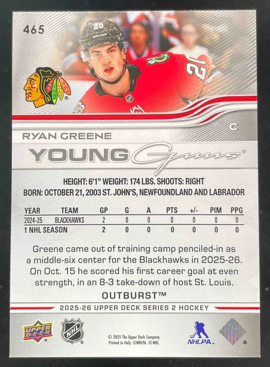 2025-26 Upper Deck Series 2 Young Guns Outburst Silver #465 Ryan Greene RC - Image 2