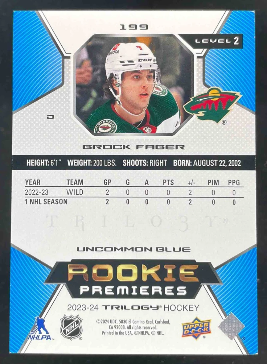 2023-24 Upper Deck Trilogy Blue #199 Brock Faber RC /49 - Image 2