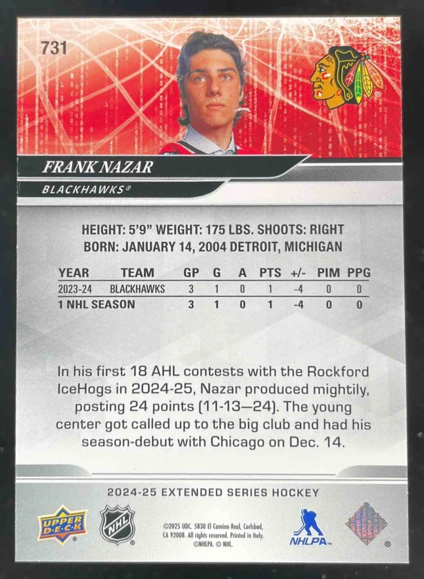 2024 Upper Deck Extended Series Deluxe #731 Frank Nazar RC Round Draft RC /250 - Image 2