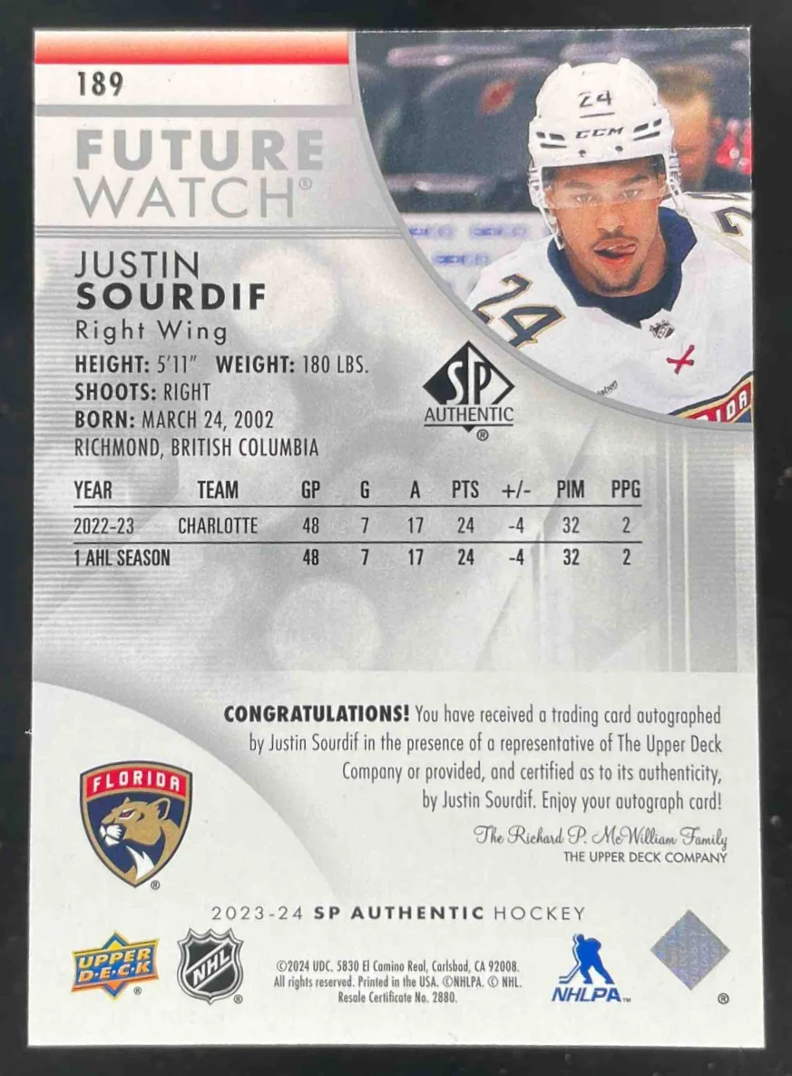2023-24 SP Authentic #189 Justin Sourdif Autograph RC Future Watch Auto /999 - Image 2