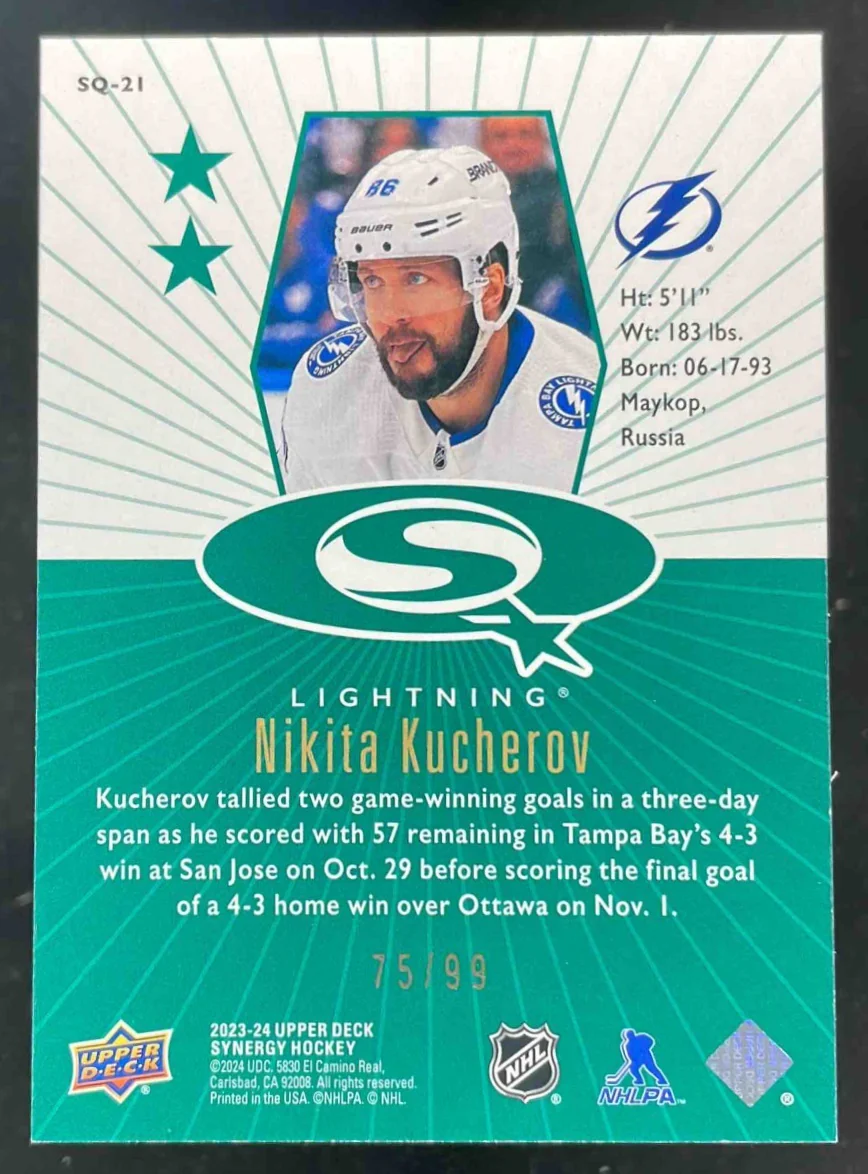 2023-24 Upper Deck Synergy Star Quest '98 Green #SQ-21 Nikita Kucherov /99 - Image 2