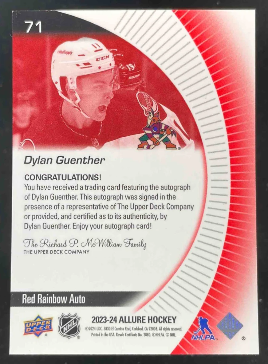 2023-24 Upper Deck Allure Red Rainbow Auto #71 Dylan Guenther Auto - Image 2