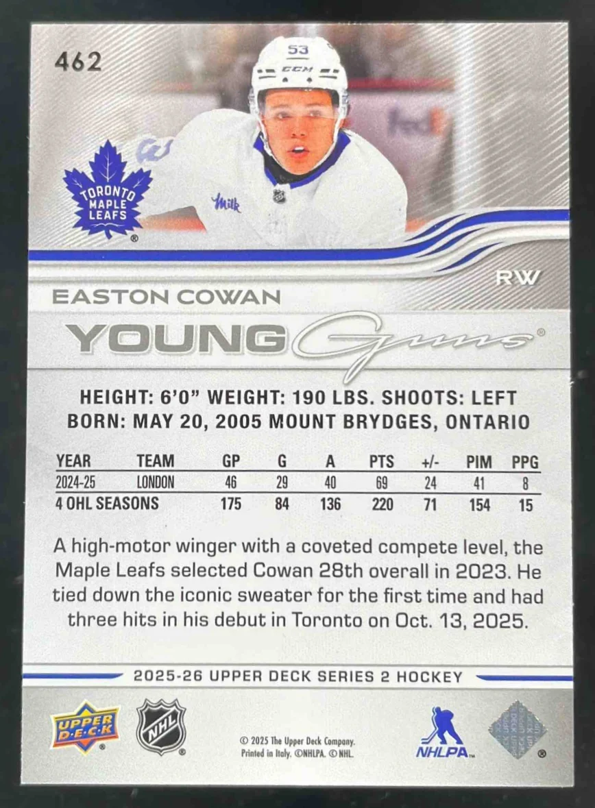 2025-26 Upper Deck Series 2 Young Guns #462 Easton Cowan RC - Image 2