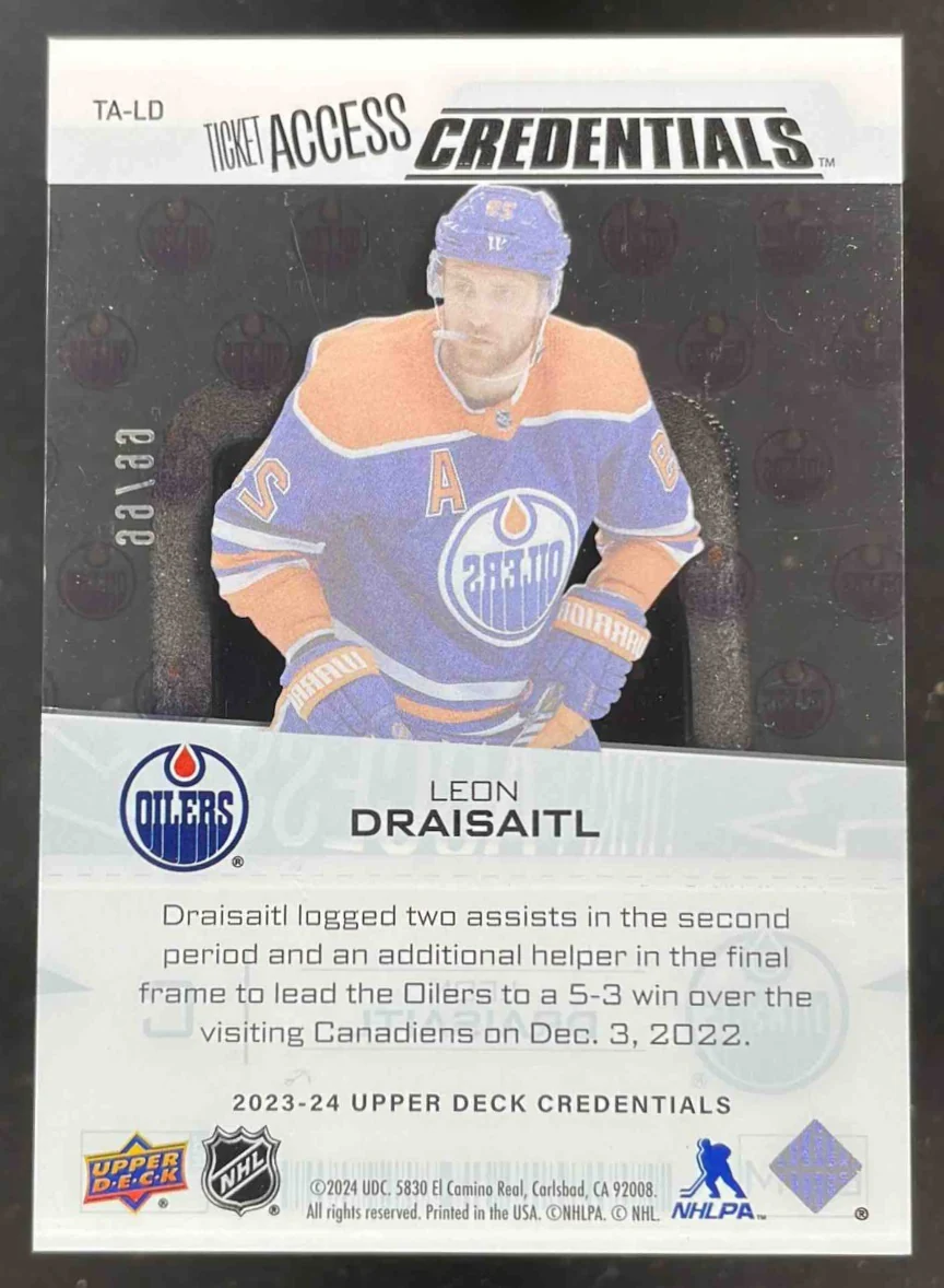 2023-24 Upper Deck Credentials Ticket Access Acetate #TA-LD Leon Draisaitl /99 - Image 2