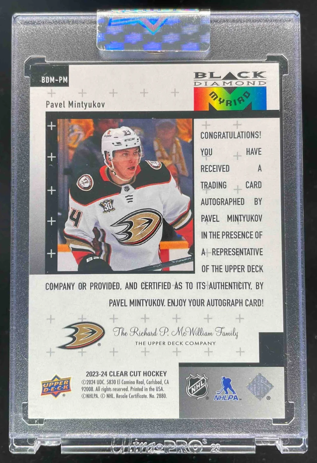 2023-24 Upper Deck Clear Cut 1998 Black Diamond Myriad Pavel Mintyukov RC Auto - Image 2